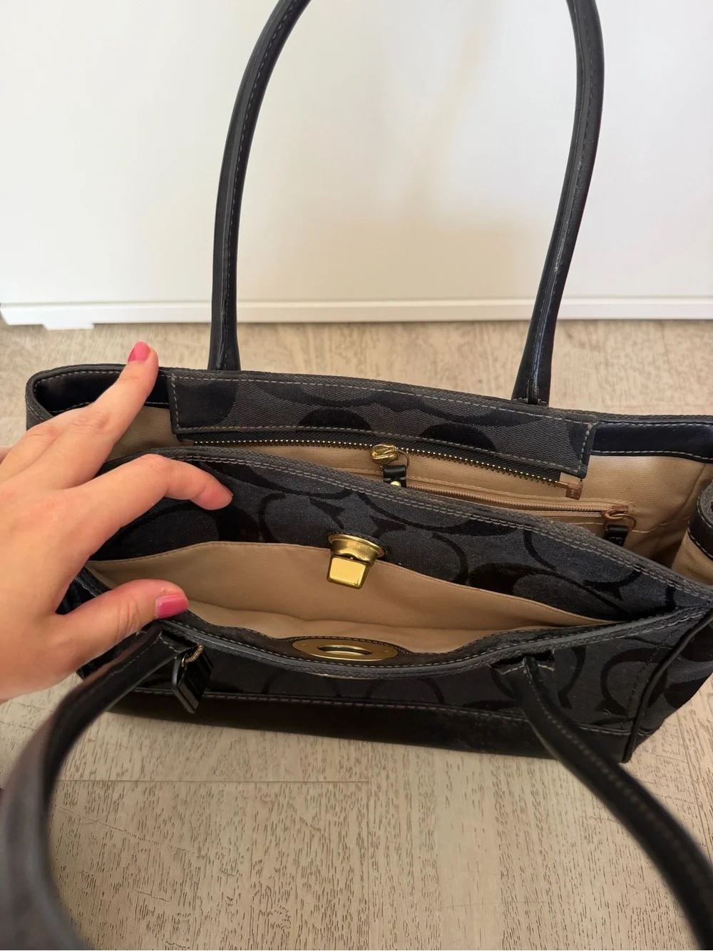 Coach Black Signature Canvas Tote with Turnlock